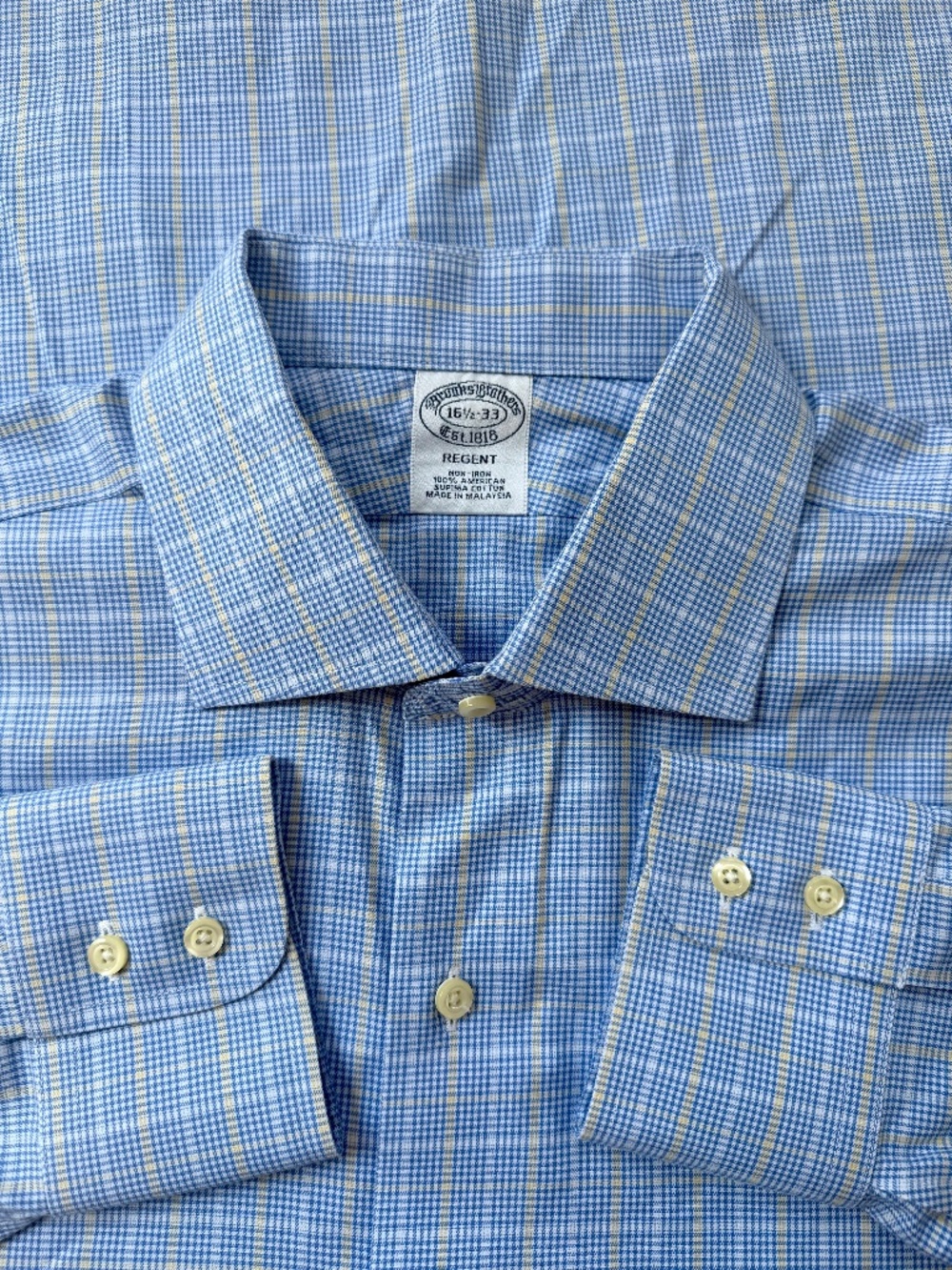 Brooks Brothers Men's 16.5 33 Blue Yellow Plaid Regent Cotton Non Iron Shirt